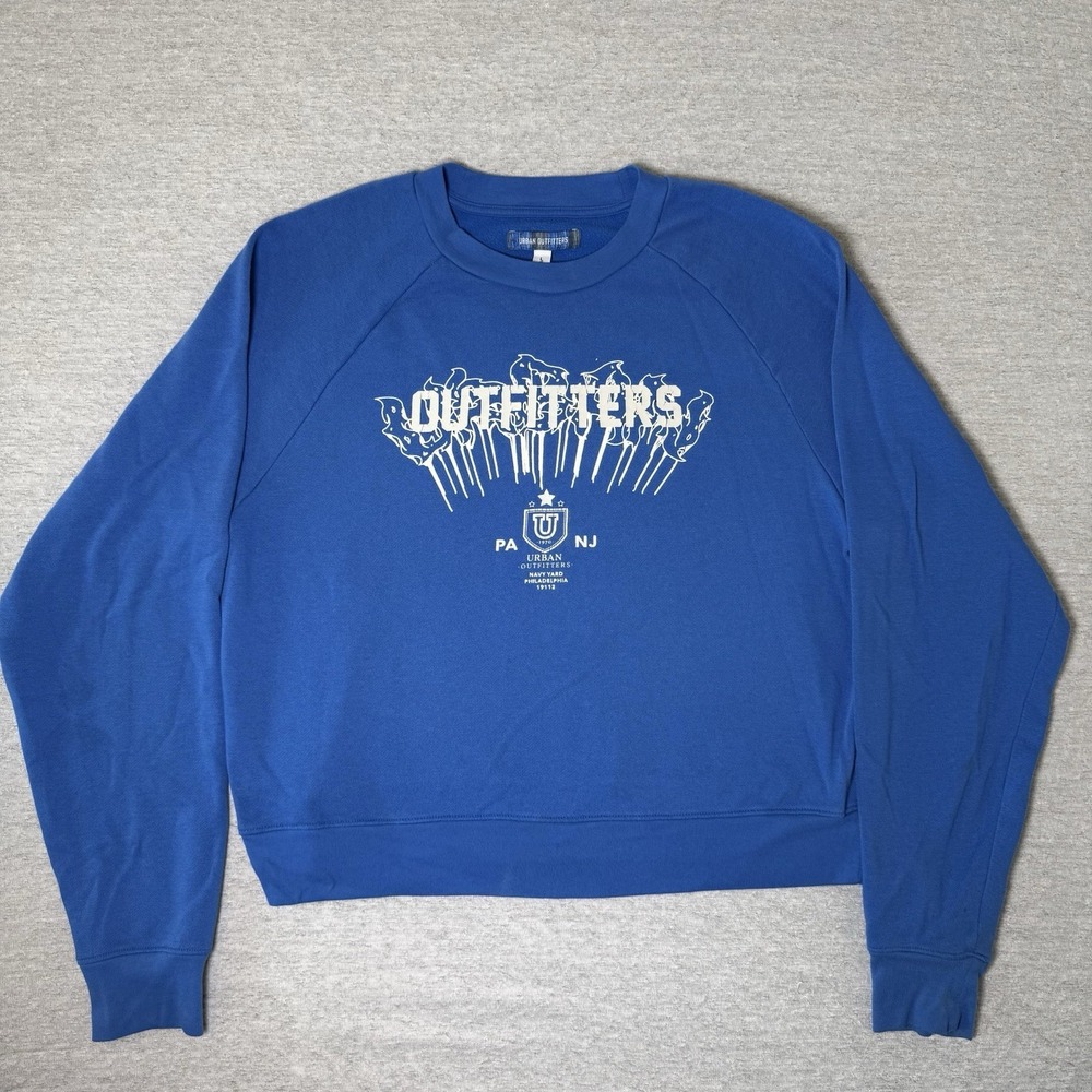 Urban Outfitters Men's Sweatshirt Large Blue Graphic Crewneck Navy Yard Spellout